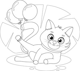 Printable cat with balloons. Coloring page