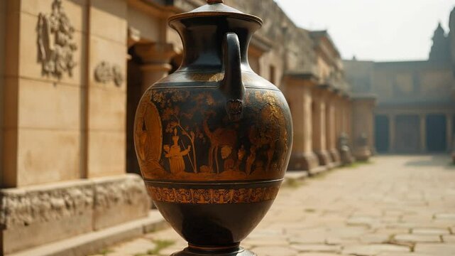 Old decorated amphora slowly spinning in daylight.