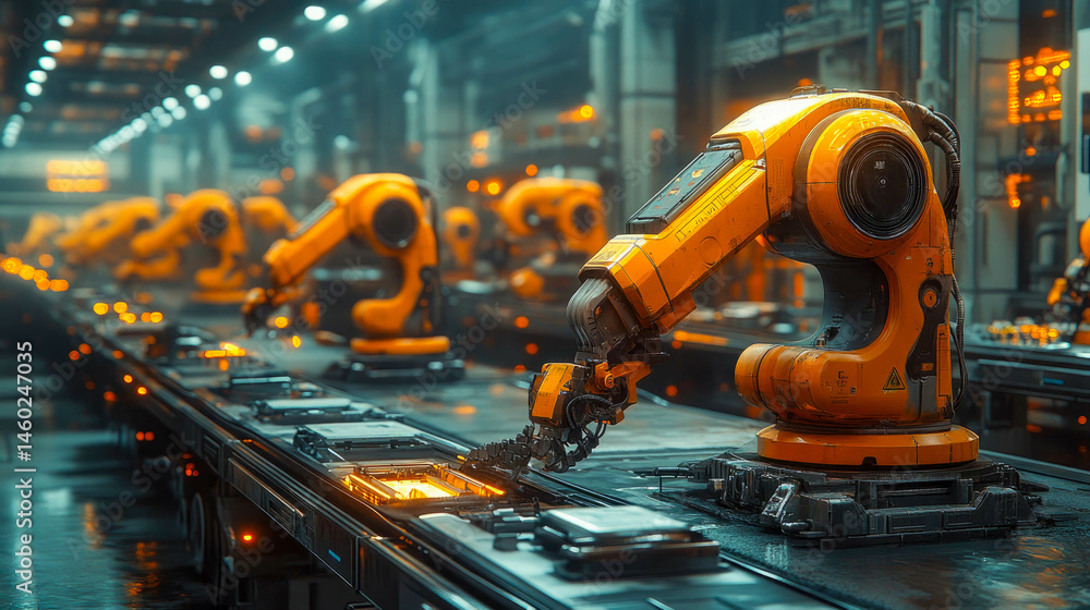 Aufkleber robotic arms assembling electronic components in a glowing high-tech smart factory with futuristic l