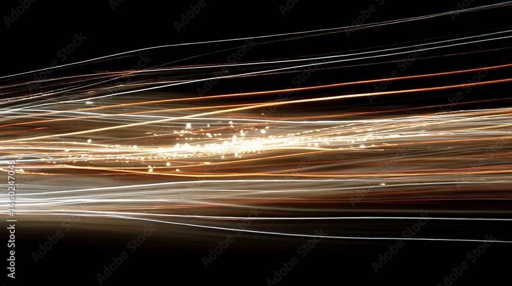 Poster energetic light streaks traversing dark backdrop creating a sense of velocity