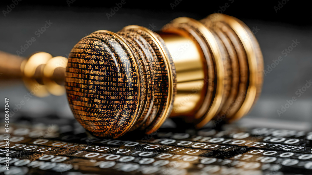 Poster golden gavel engraved with binary code lying on a surface of digital numbers, symbolizing cyber law,