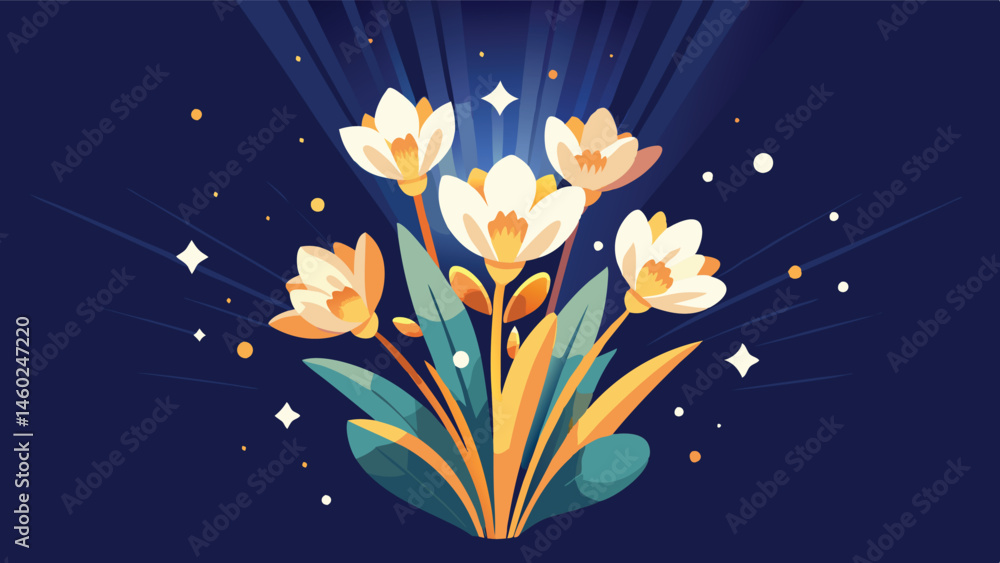 Poster bright floral vector illustration showcasing vibrant flowers against a blue background with rays of 