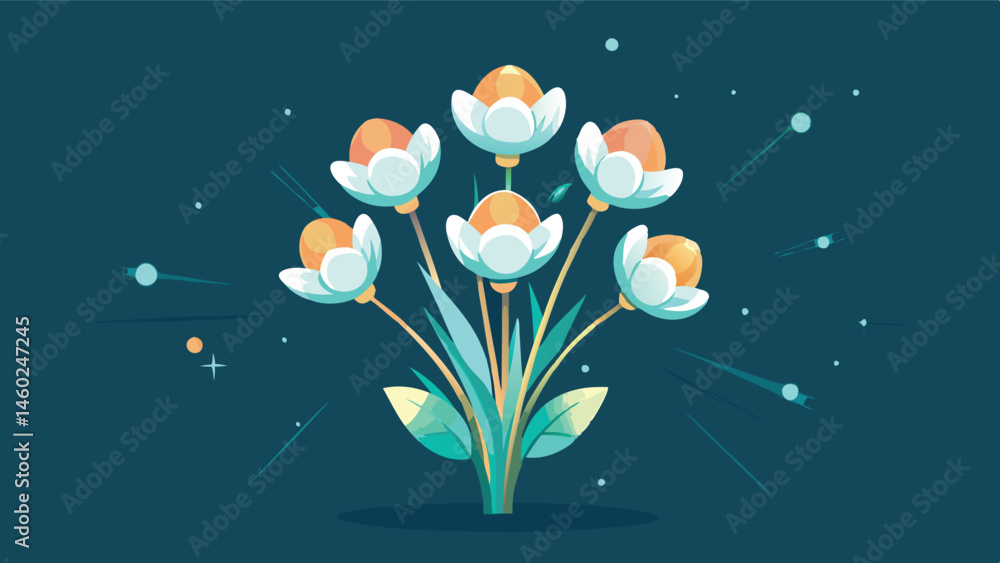 Poster bright floral vector illustration showcasing vibrant flowers against a blue background with rays of 