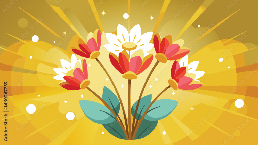 Poster bright floral vector illustration showcasing vibrant flowers against a blue background with rays of 