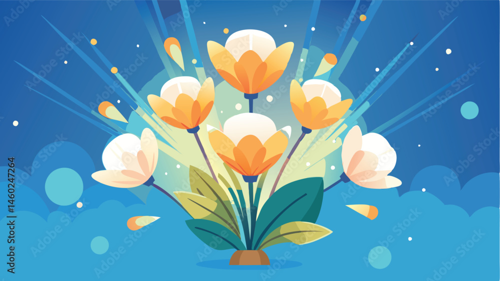 Poster bright floral vector illustration showcasing vibrant flowers against a blue background with rays of 