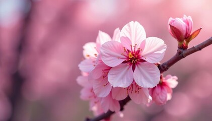 Fototapeta premium Delicate pink sakura blossoms in full bloom, intricate petal details , floral pattern, texture, elegant