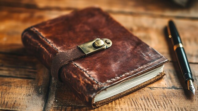 Aged leather-bound journal and pen on wooden surface. - Powered by Adobe