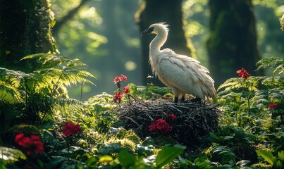 White bird nestled in a verdant forest, surrounded by vibrant red flowers. Sunlight filters through the leaves
