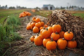 Abundance of Pumpkins and Dry Stalks Displayed in Rural Harvest Field Ready for Autumn Festivities