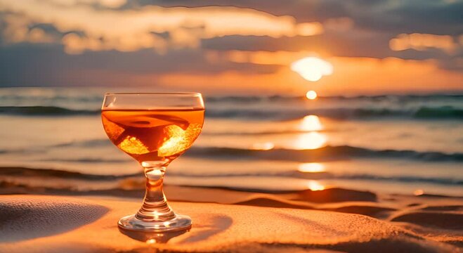 A refreshing drink sits on the beach at sunset with the waves gently lapping at the shore 4K