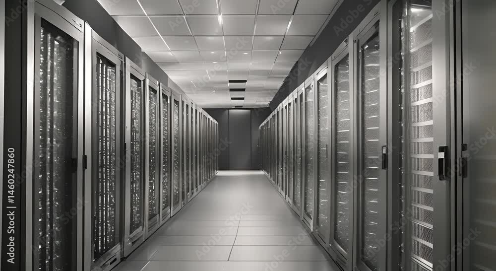 Poster a long hallway with rows of server racks in a data center 4k