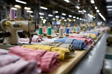 Obraz premium Vintage Sewing Machine Station: Production Line of Folded Colorful Shirts with Thread Spools in a Garment Factory