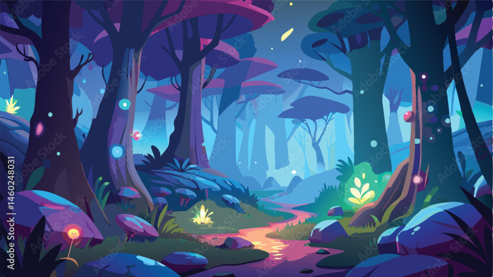 Poster mysterious forest pathway illuminated by glowing plants and ethereal light in a vibrant vector illus