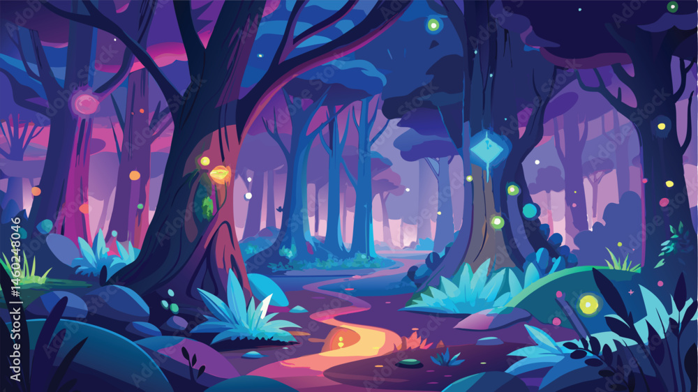 Poster mysterious forest pathway illuminated by glowing plants and ethereal light in a vibrant vector illus