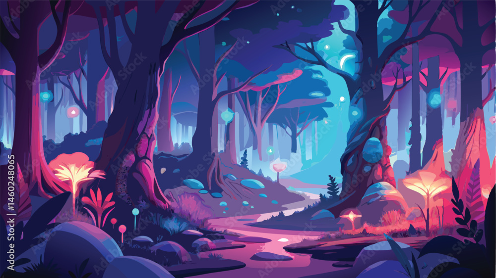 Poster mysterious forest pathway illuminated by glowing plants and ethereal light in a vibrant vector illus
