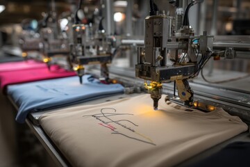 Automated apparel decoration process using robotic embroidery machine for textile production with colorful shirts