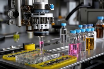 Automated liquid handling system dispensing pink solution into multiwell plate, laboratory bottles with chemical liquid