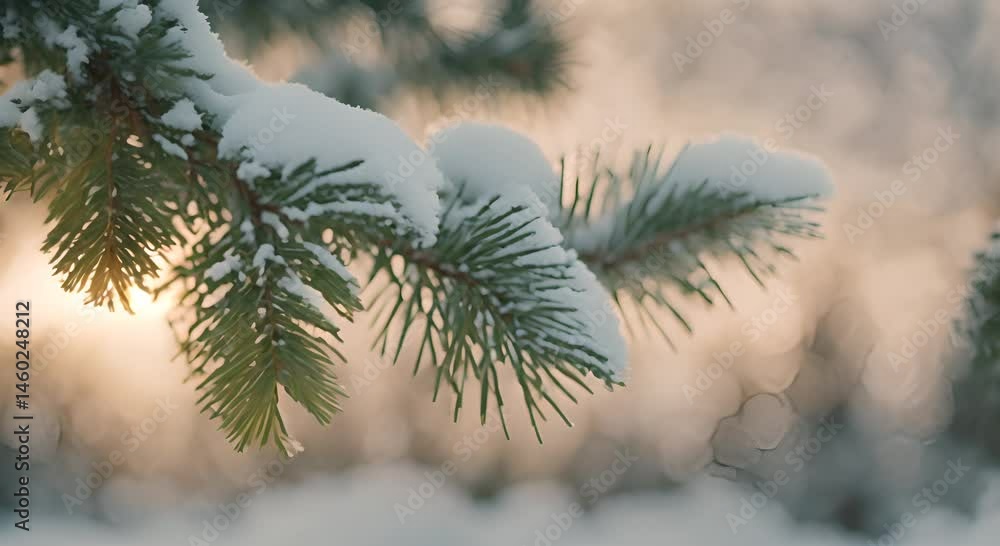 Aufkleber a close up of a pine tree branch with a soft snowy backdrop 4k
