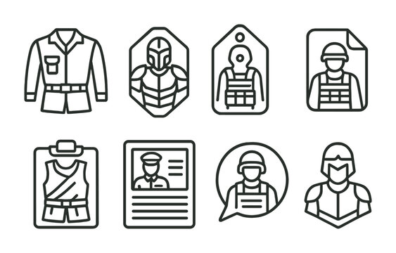 Line style icons of battle skins: combat outfit icon, warrior armor badge, tactical gear tag, soldier skin file, battle-ready design board, military uniform chart, combat appearance bubble, fighter