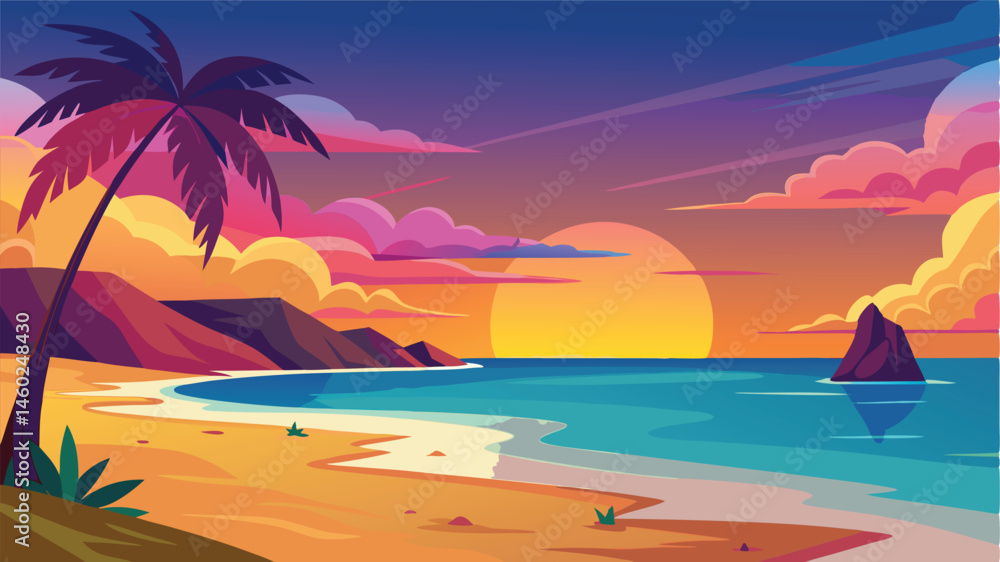 Poster colorful sunset over a tropical beach with palm trees and gentle waves lapping at the shore, creatin