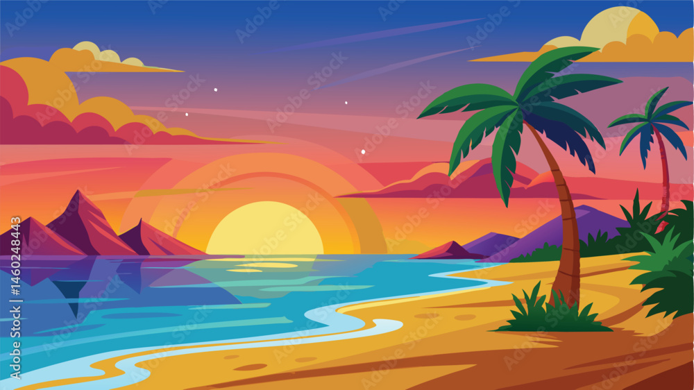 Poster colorful sunset over a tropical beach with palm trees and gentle waves lapping at the shore, creatin