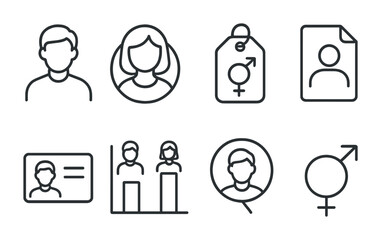 Line style icons of gender in characters: male icon, female badge, non-binary tag, gender-neutral file, identity board, gender roles chart, character identity bubble, gender symbol.