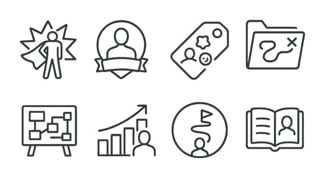 Line style icons of character backstories: origin story icon, character history badge, past experiences tag, journey file, lore board, personal growth chart, hero’s path bubble, backstory symbol.