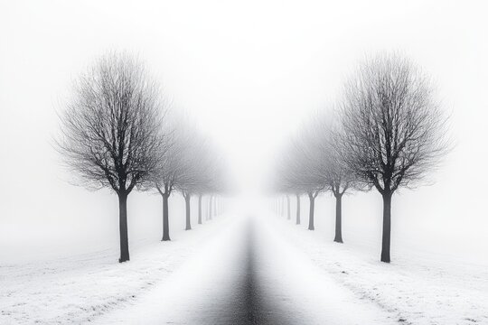 A wintery path lined with bare trees in a dense fog