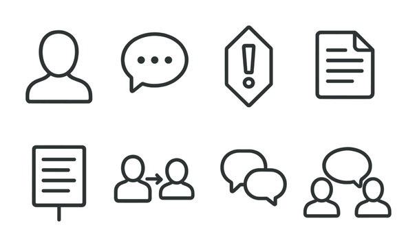 Line style icons of quest interaction: NPC icon, dialogue badge, quest giver tag, task description file, response options board, interaction chart, conversation bubble, quest discussion symbol.