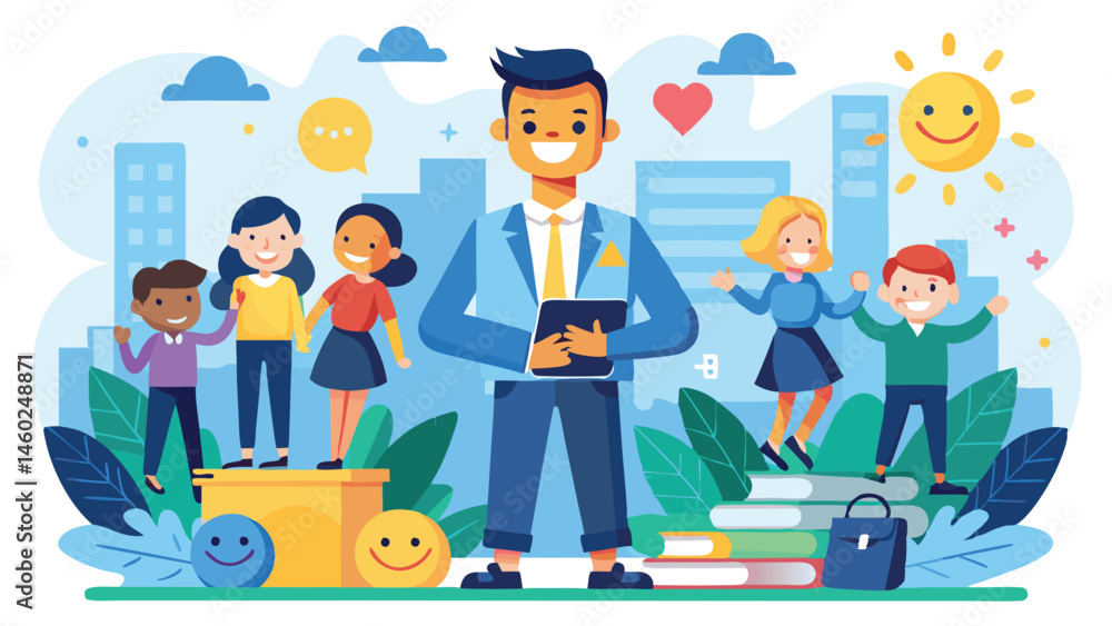 Aufkleber vector illustration of happy office workers collaborating, showcasing teamwork and motivation in a v
