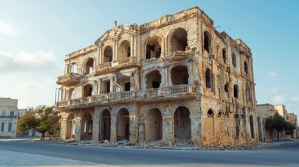 Fototapeta premium A crumbling, multi-story building, partially collapsed and showing signs of decay. Empty, broken windows and arches, suggesting a history of neglect or destruction. 