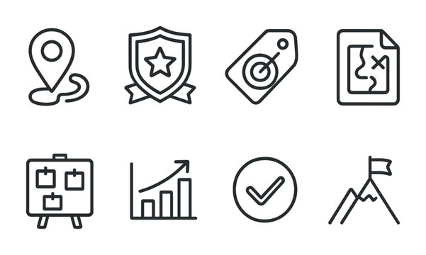 Line style icons of quest stages: starting point icon, mission badge, objective tag, quest file, task board, goal chart, mission progress bubble, adventure symbol.