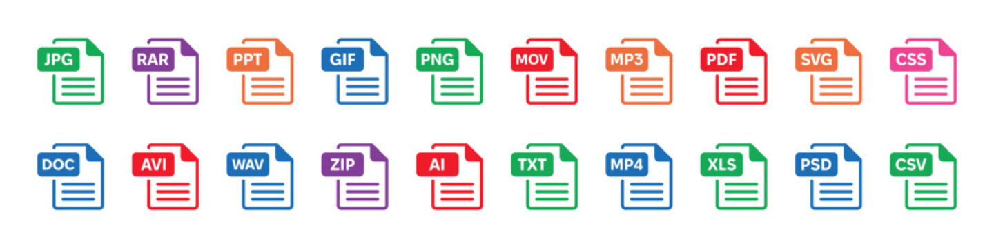 File type icon set. Set of pdf, doc, excel, png, jpg, psd, gif, csv, xls, ppt, html, txt.