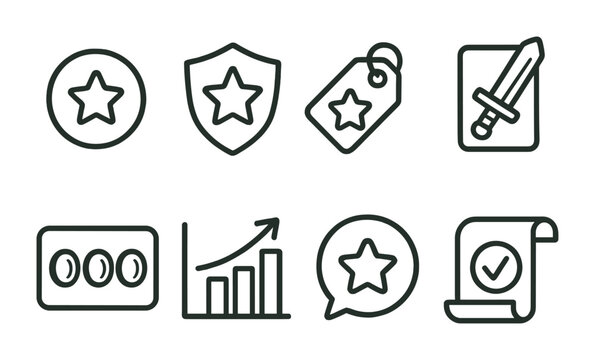 Line style icons of quest rewards: experience icon, treasure badge, loot tag, item reward file, coin collection board, level up chart, prize bubble, quest completion symbol.