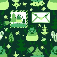 Winter monsters seamless Christmas yeti pattern for wrapping paper and fabrics