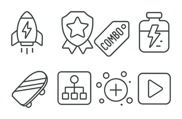 Line style icons of game mechanics: power-up icon, special move badge, combo tag, energy refill file, boost board, game feature chart, bonus bubble, gameplay symbol.
