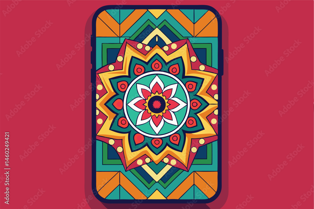 Poster colorful mandala design on a smartphone case featuring geometric patterns and vibrant colors, ideal 
