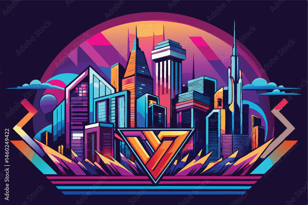 Aufkleber vibrant vector illustration showcasing a futuristic city skyline at dusk with colorful geometric des