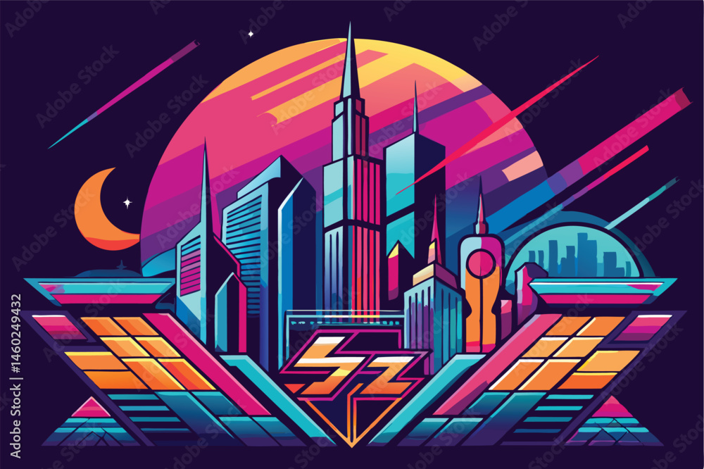 Poster vibrant vector illustration showcasing a futuristic city skyline at dusk with colorful geometric des