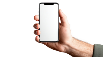 Hand holding modern smartphone with blank white screen display app man arm on transparent background