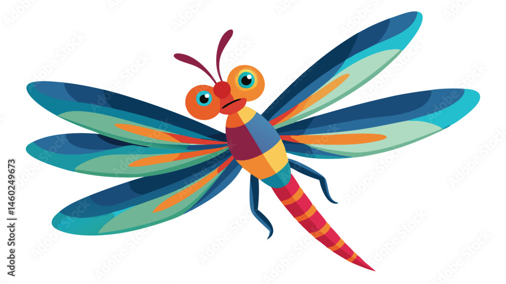 Poster colorful vector illustration of a dragonfly with large eyes and vibrant patterned wings showcasing a