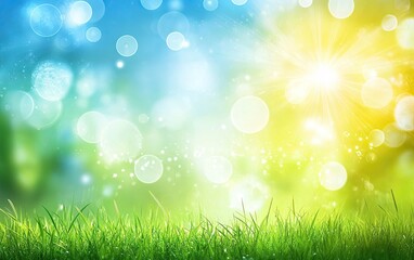 Sunlit Green Grass and Bokeh Circles Against Blue, Yellow Blurred Background