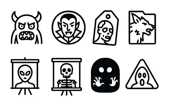 Line style icons of horror creatures: monster icon, vampire badge, zombie tag, werewolf file, alien board, skeleton chart, creature in the dark bubble, frightful symbol.