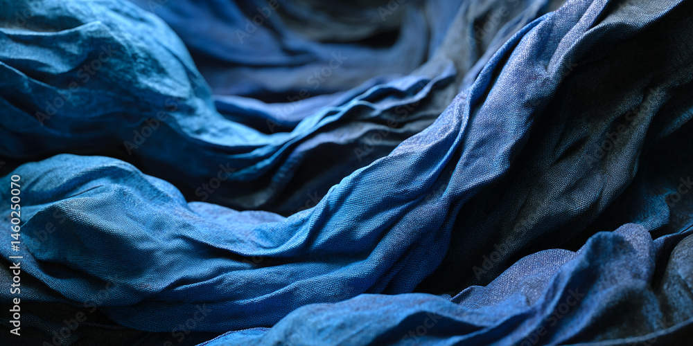 Poster close-up of blue fabric texture, showing deep folds and shadows, creating a dramatic and luxurious a