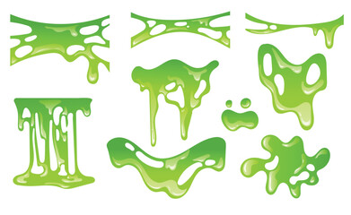 Slime green melting, splash, vector set