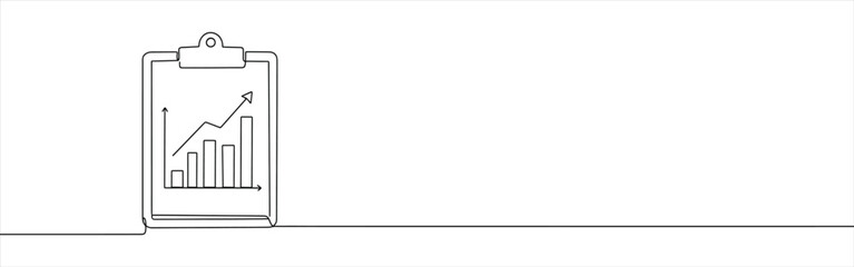 Clipboard with growth graph continuous one line drawing. Profit graph, business analysis.