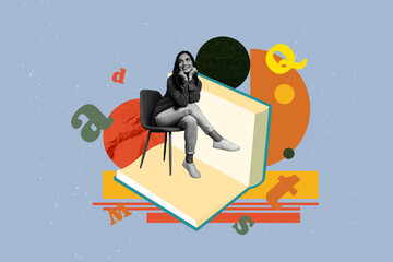 Pop art full zine photo collage of happy girl guy stand library academic book stack education learner letters vocabulary encyclopedia