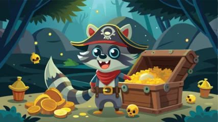 Vector illustration of a charming raccoon pirate standing by a treasure chest filled with gold coins on a whimsical background of clouds and ships