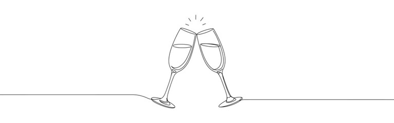 Two clinking champagne glasses continuous one line drawing. Design for party, anniversary celebration, new year festival.