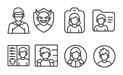 Line style icons of gaming characters: hero icon, villain badge, character avatar tag, player profile file, character customization board, in-game persona chart, character selection bubble, playable